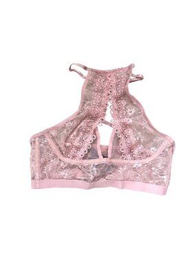 Victorias Secret Women's Bralette Bra S Light Pink Sheer Lace High Neck Unlined